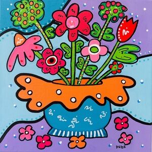 Original Painting POP Art Collectible Tulips Flowers Blue & OrangeVase 12" x 12"